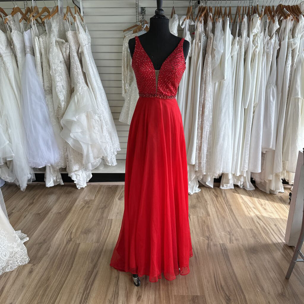 Sherri Hill Red Chiffon Prom Dress with Jeweled Top 4/6