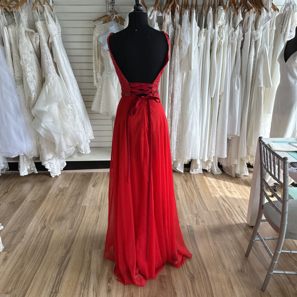 Sherri Hill Red Chiffon Prom Dress with Jeweled Top 4/6