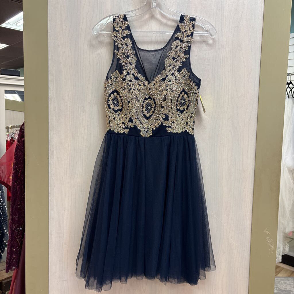 Gold Detail Top Navy Homecoming Dress
