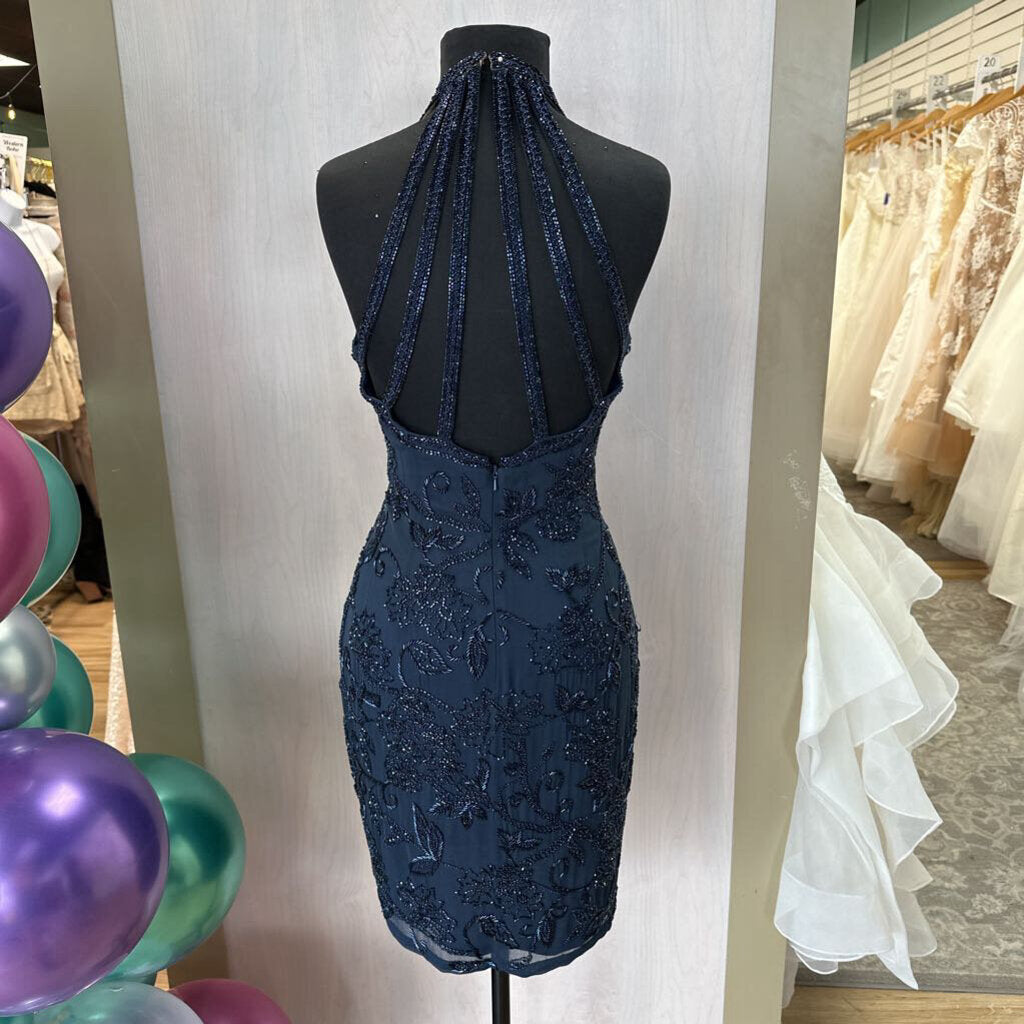 Navy Beaded Short Cocktail Dress Vintage 6