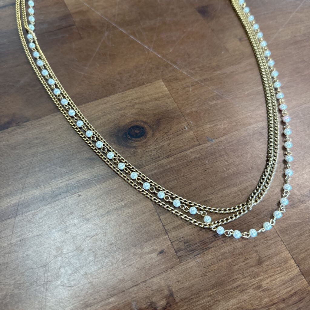 Vintage Long 3 Strand Gold And Pearl Necklace