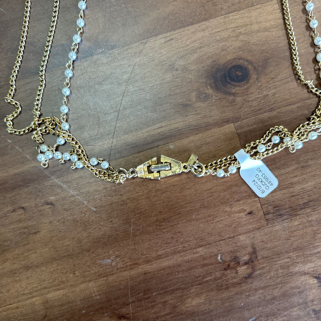 Vintage Long 3 Strand Gold And Pearl Necklace
