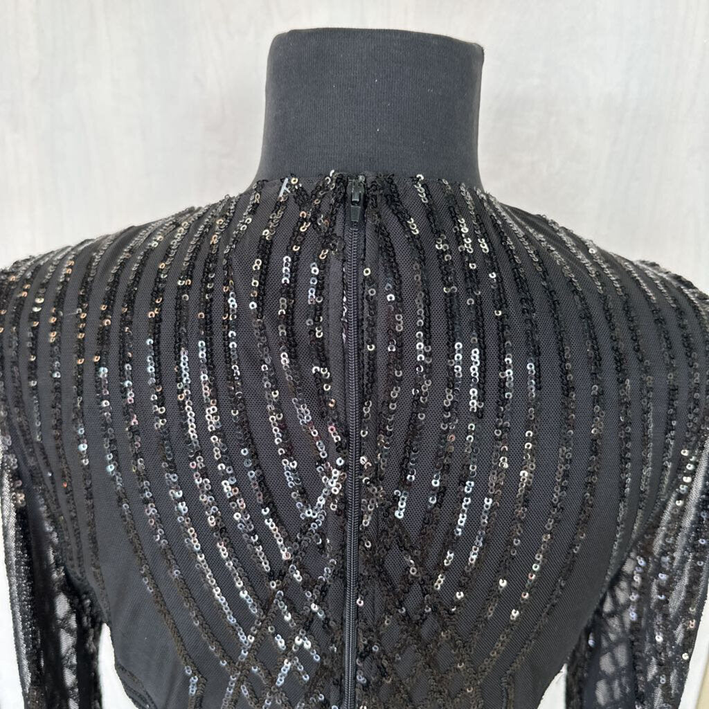 Long Sleeve Feather Trim Sequin Mini Dress Medium