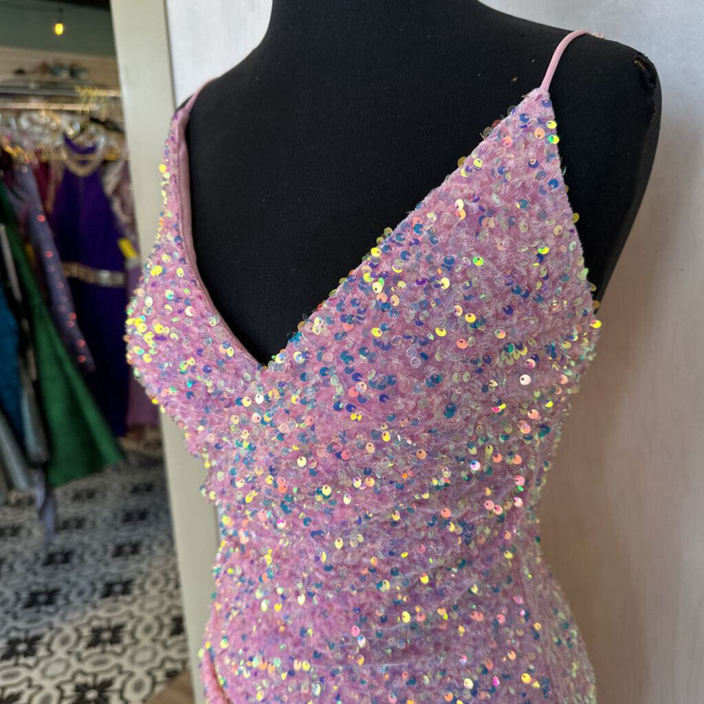 Pink Sequin Faux Wrap Mini Dress Medium