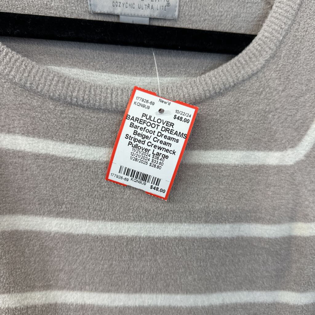 Barefoot Dreams Beige/ Cream Striped Crewneck Pullover Large