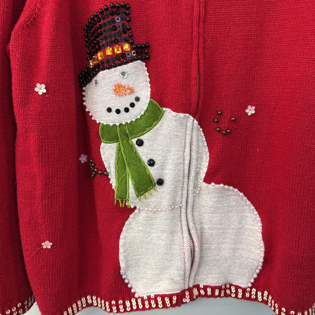 Designers Original Studio Red/ White Snowman Zip Up Sweater 2X