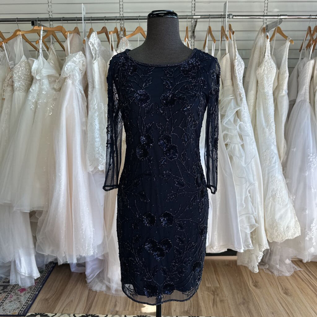 Pisarro Nights Navy Beaded Long Sleeve Short Formal Dress 6P