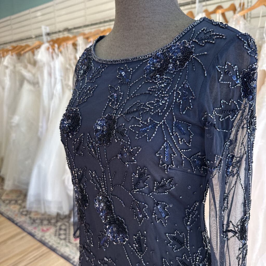 Pisarro Nights Navy Beaded Long Sleeve Short Formal Dress 6P