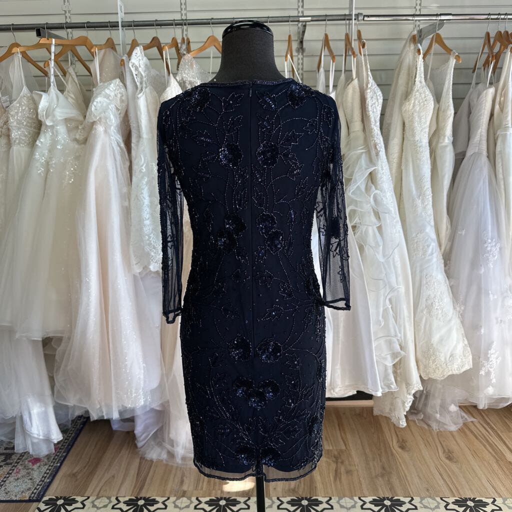 Pisarro Nights Navy Beaded Long Sleeve Short Formal Dress 6P
