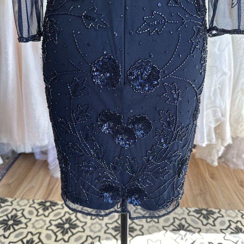 Pisarro Nights Navy Beaded Long Sleeve Short Formal Dress 6P