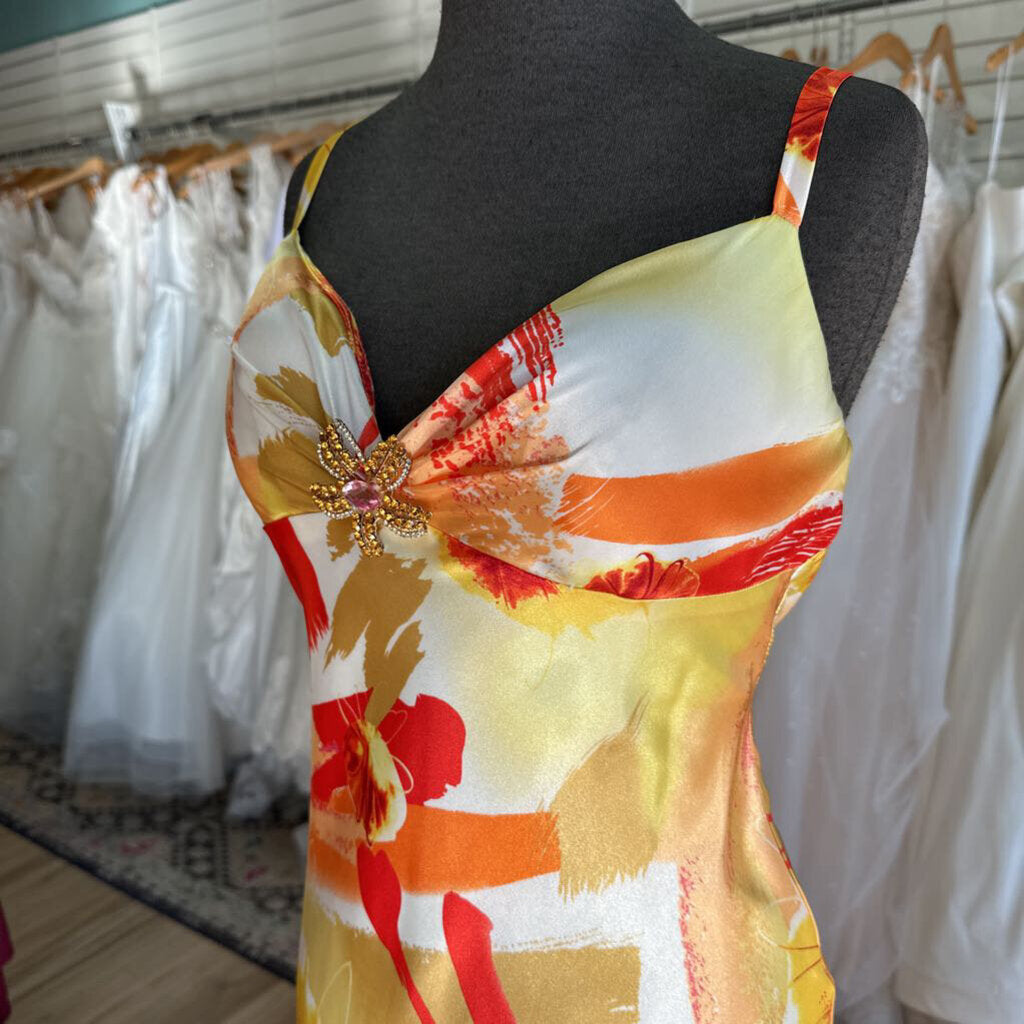 Betsy and Adam Yellow/ Orange Print Silky Long Formal Dress 10