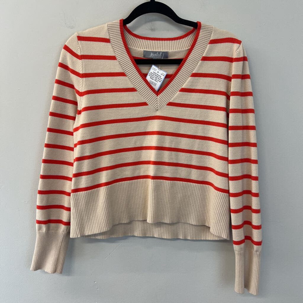 Marled Beige/ Red Striped Long Sleeve Sweater Top Large
