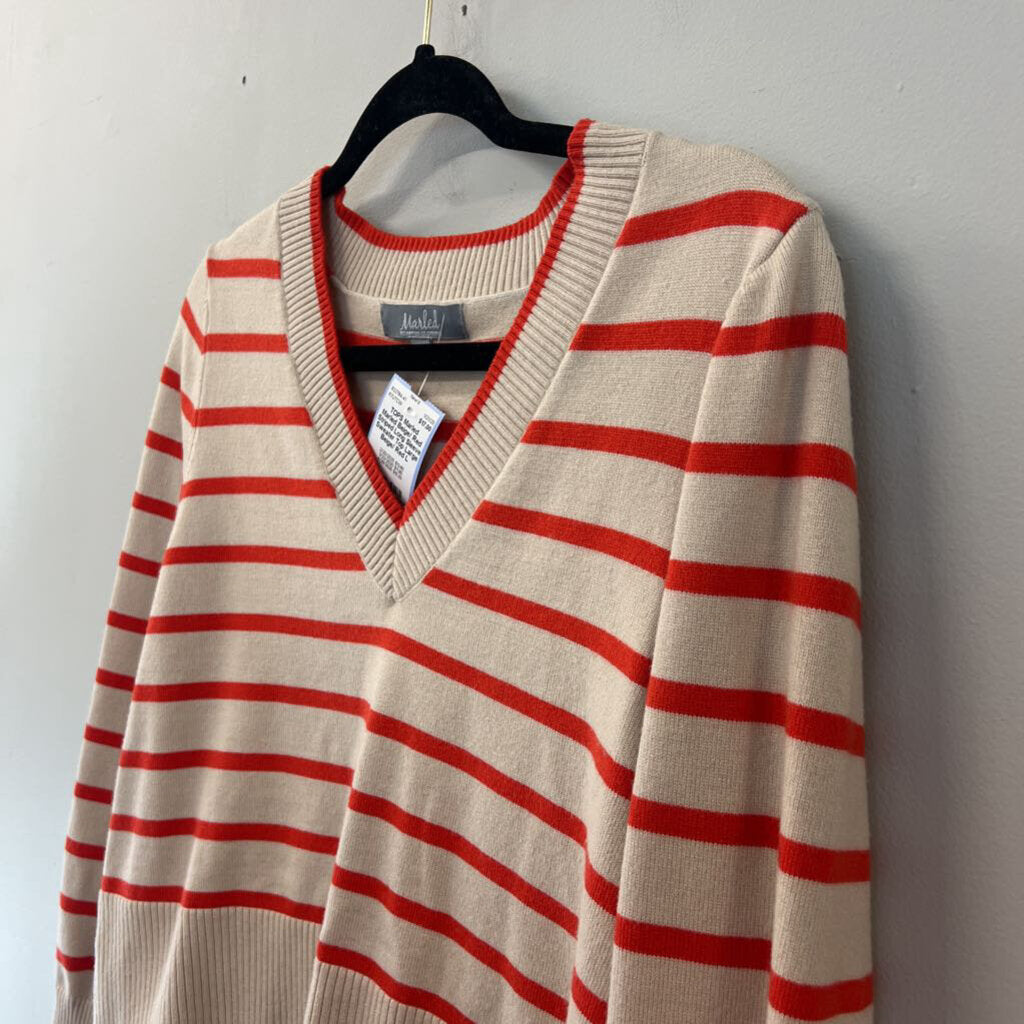 Marled Beige/ Red Striped Long Sleeve Sweater Top Large