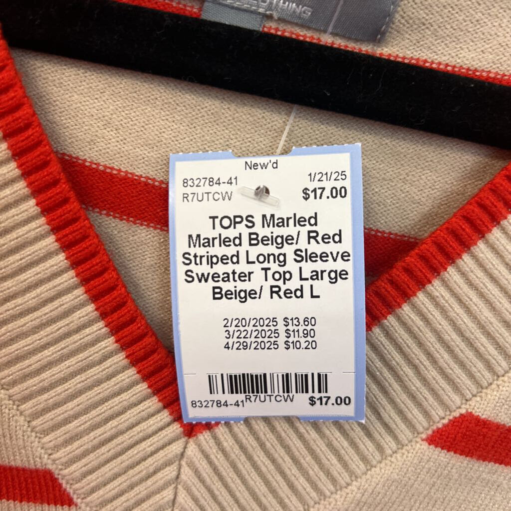 Marled Beige/ Red Striped Long Sleeve Sweater Top Large