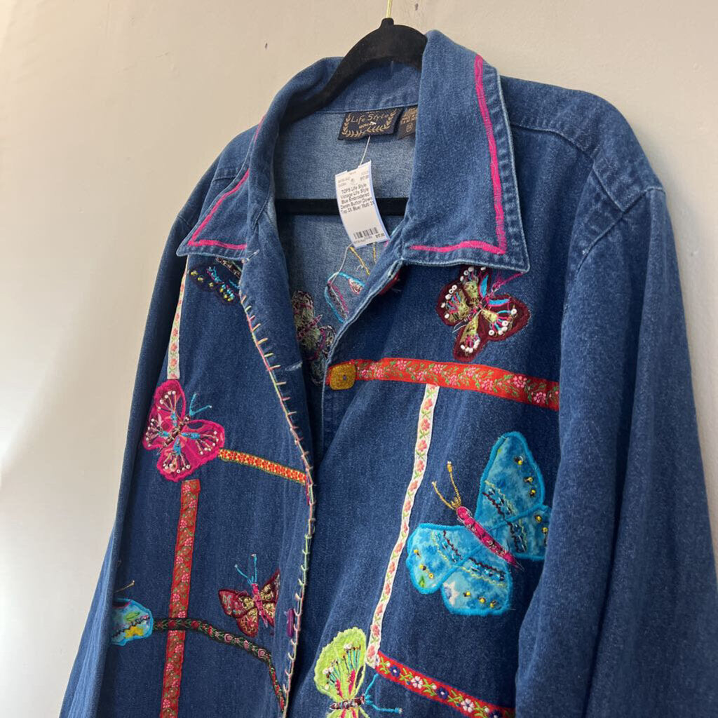 Vintage Life Style Blue Embroidered Denim Button Down Top 3X