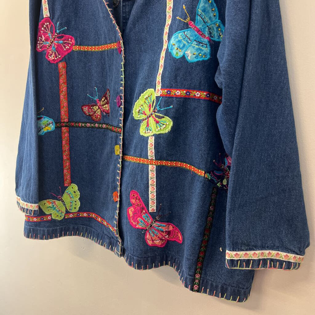 Vintage Life Style Blue Embroidered Denim Button Down Top 3X