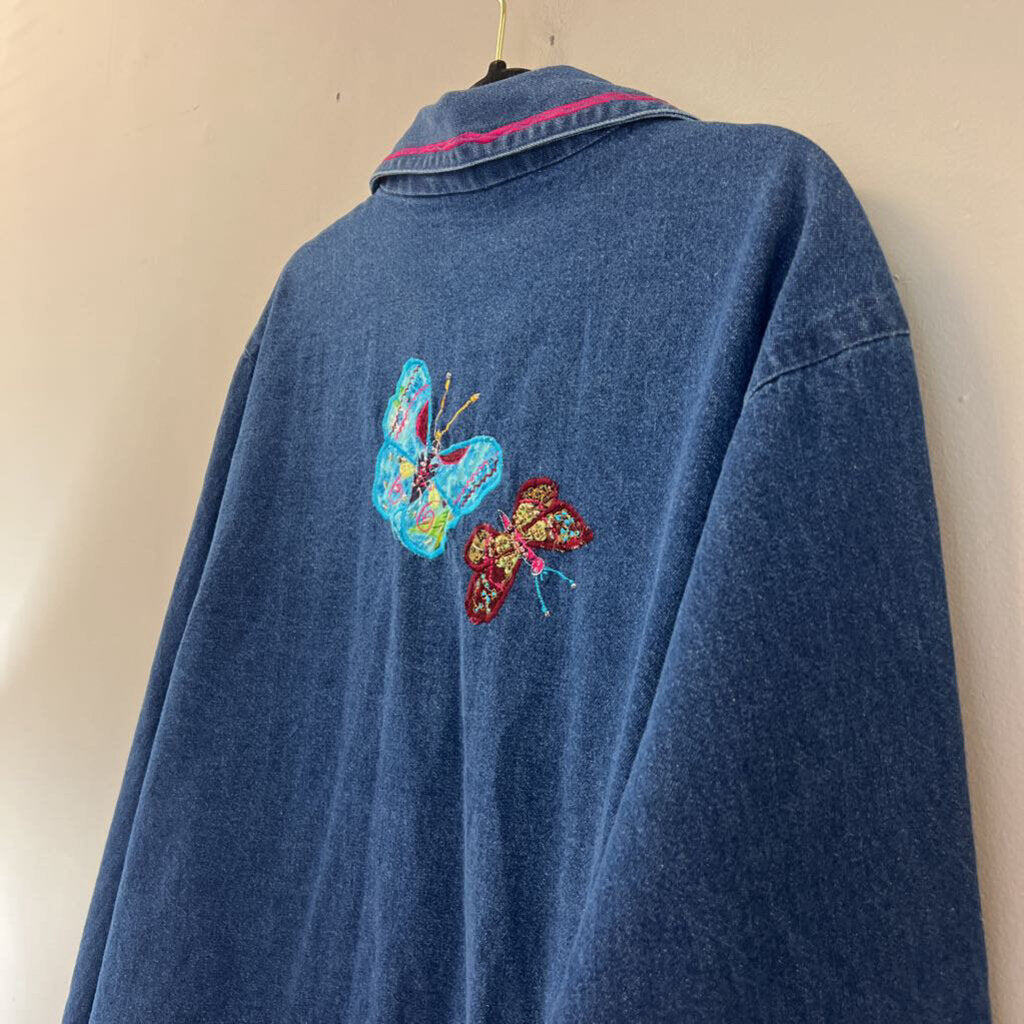 Vintage Life Style Blue Embroidered Denim Button Down Top 3X