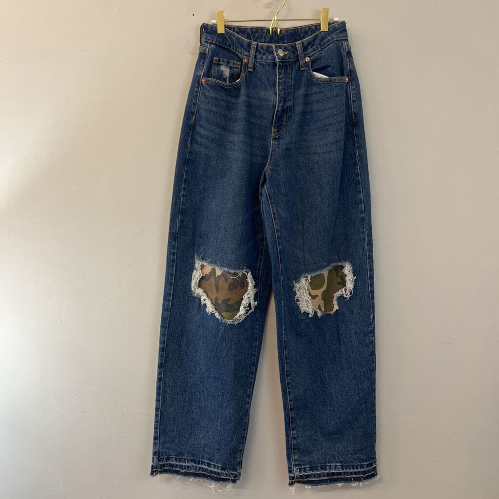 Dark Wash Distressed Camo Patch Wide Leg Denim Jeans Medium