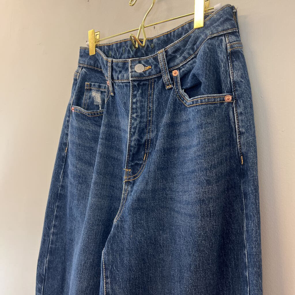 Dark Wash Distressed Camo Patch Wide Leg Denim Jeans Medium