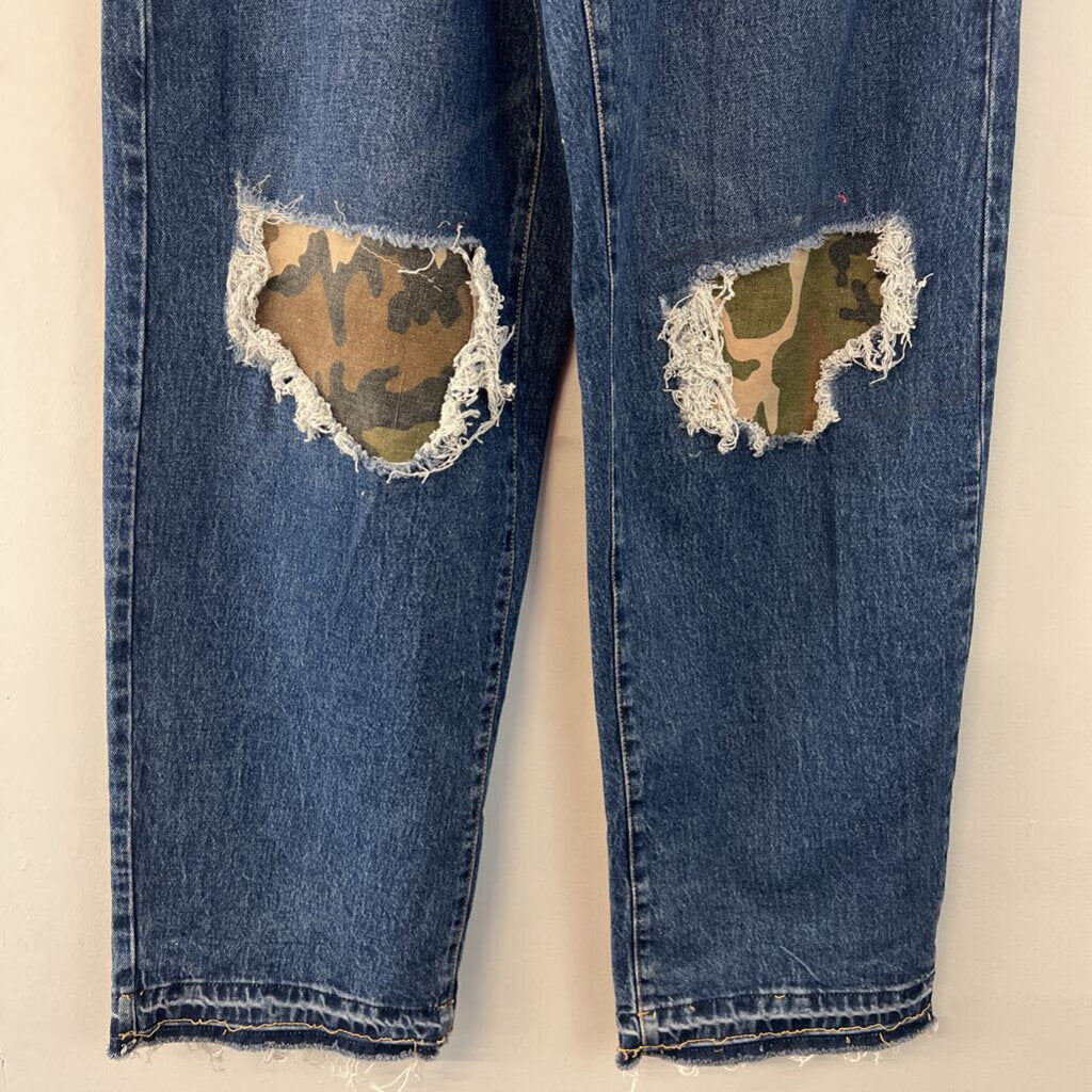 Dark Wash Distressed Camo Patch Wide Leg Denim Jeans Medium