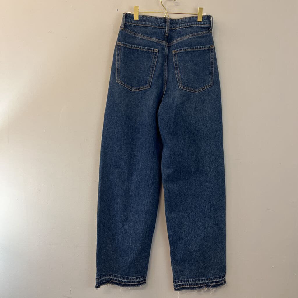 Dark Wash Distressed Camo Patch Wide Leg Denim Jeans Medium