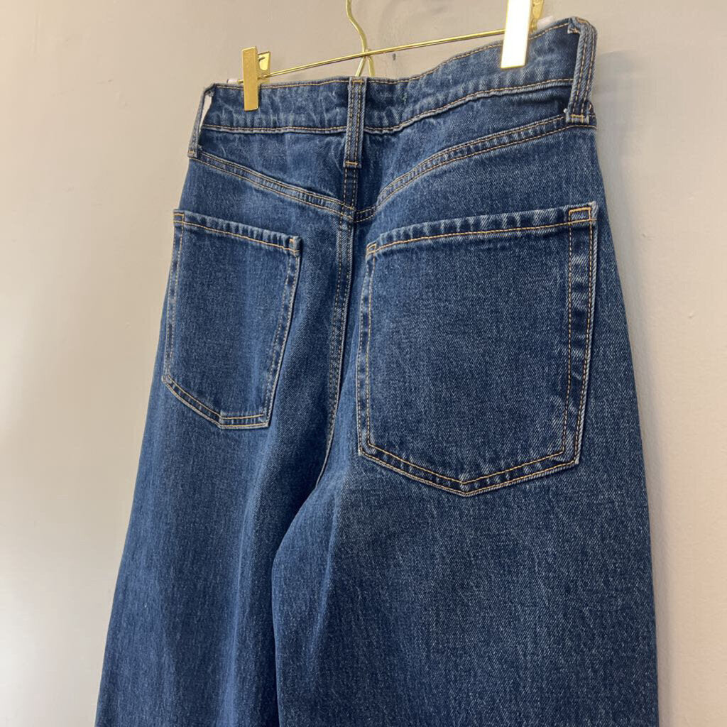 Dark Wash Distressed Camo Patch Wide Leg Denim Jeans Medium