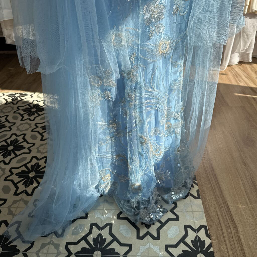 Light Blue Beaded/ Tulle Strapless Long Formal Dress Small