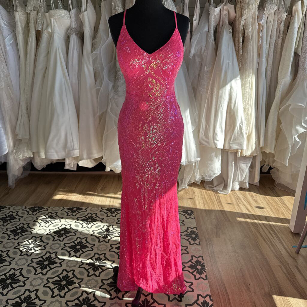Neon Pink Sequin Lace Up Back Long Formal Dress Medium