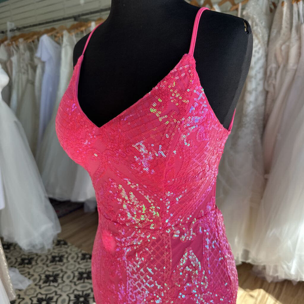 Neon Pink Sequin Lace Up Back Long Formal Dress Medium