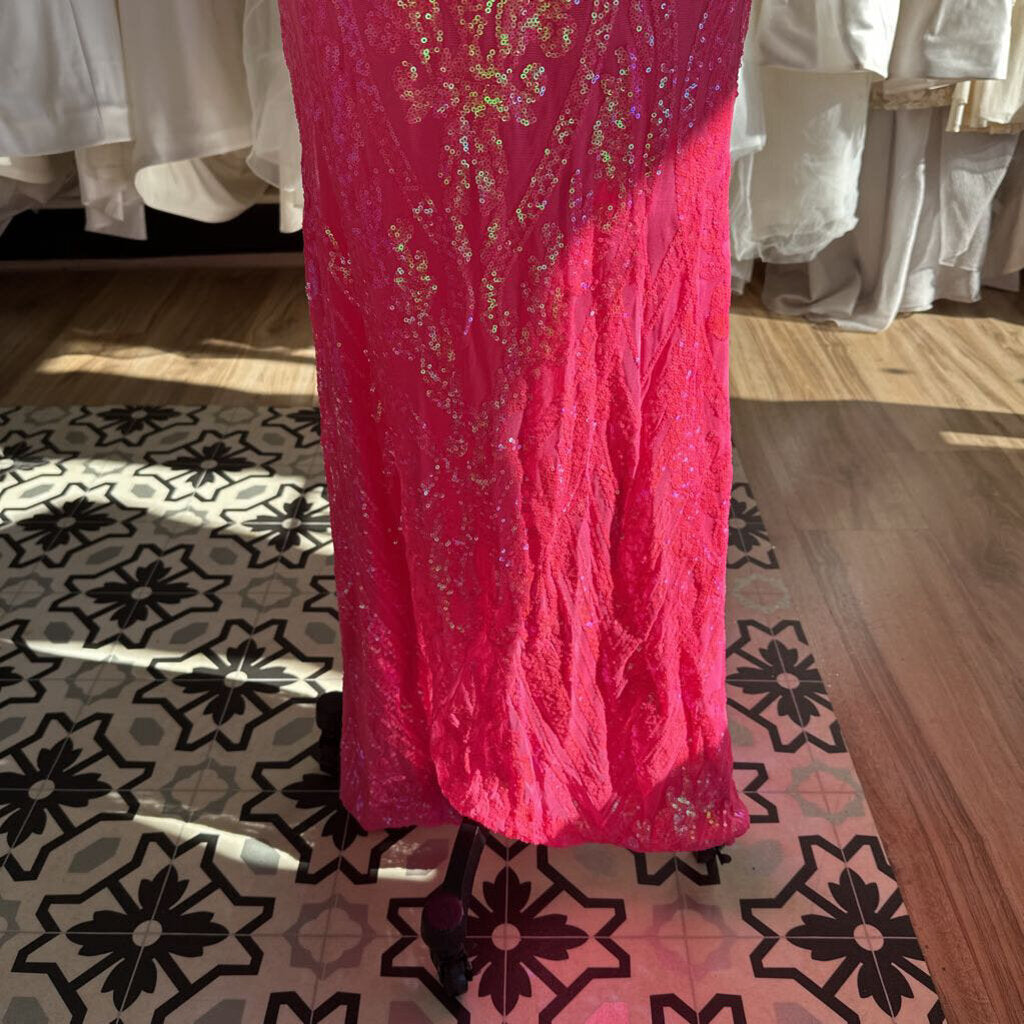 Neon Pink Sequin Lace Up Back Long Formal Dress Medium