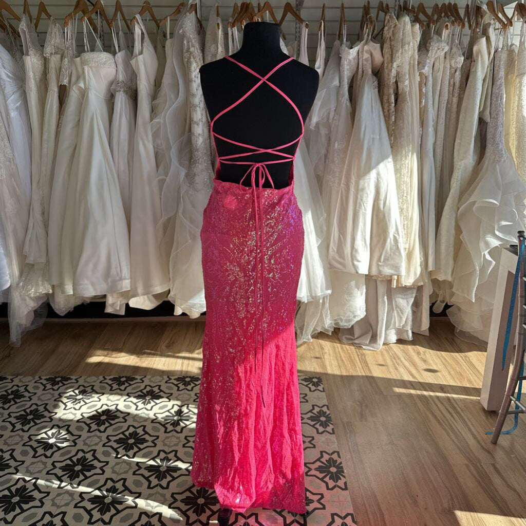 Neon Pink Sequin Lace Up Back Long Formal Dress Medium