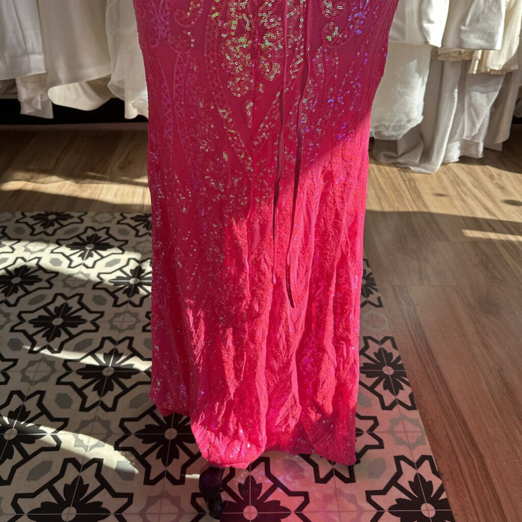 Neon Pink Sequin Lace Up Back Long Formal Dress Medium