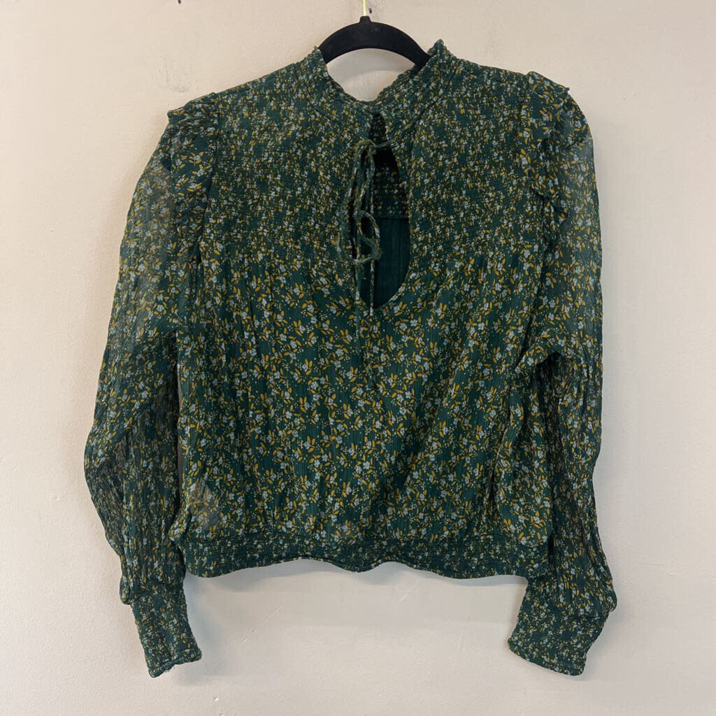 Free People Green Flower Print Smocked Top Long Sleeve Top Large