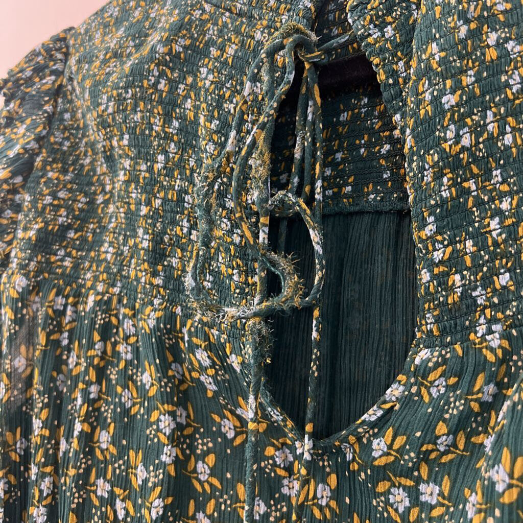 Free People Green Flower Print Smocked Top Long Sleeve Top Large