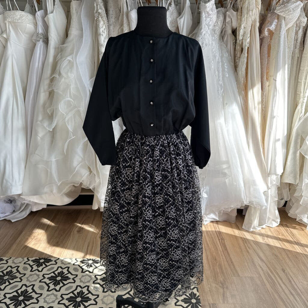 Vintage PKs Kloset Black Top Silver Lace Midi Skirt Dress Medium