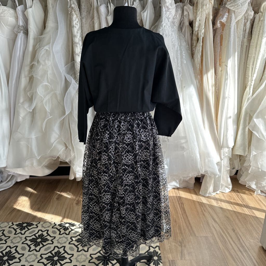 Vintage PKs Kloset Black Top Silver Lace Midi Skirt Dress Medium