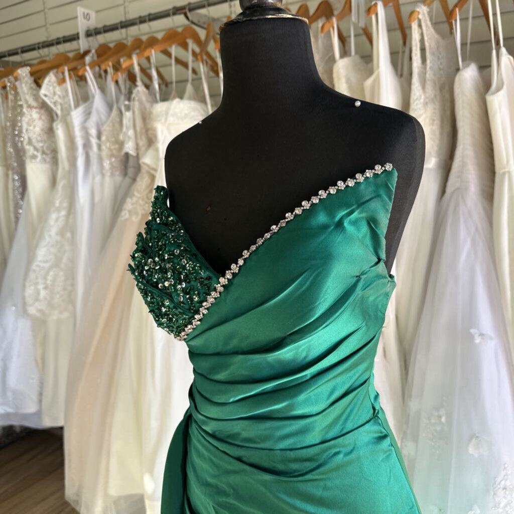 Satin Asymmetrical Beaded Long Formal Dress Small