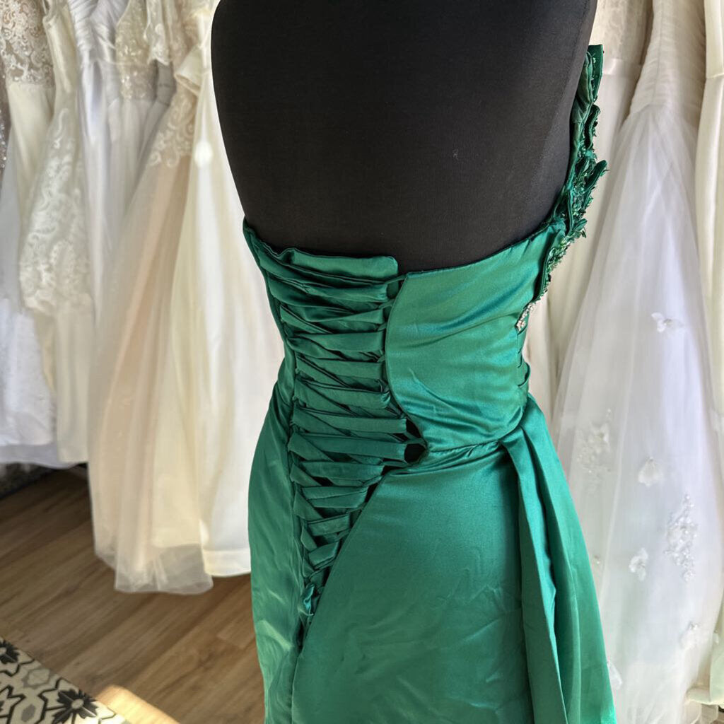 Satin Asymmetrical Beaded Long Formal Dress Small