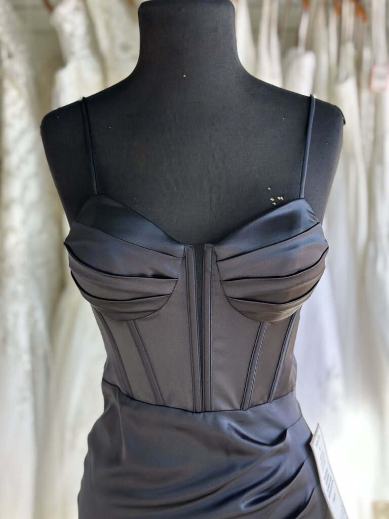 Blondie Nites Black Silky Corset Top Long Formal Dress 1