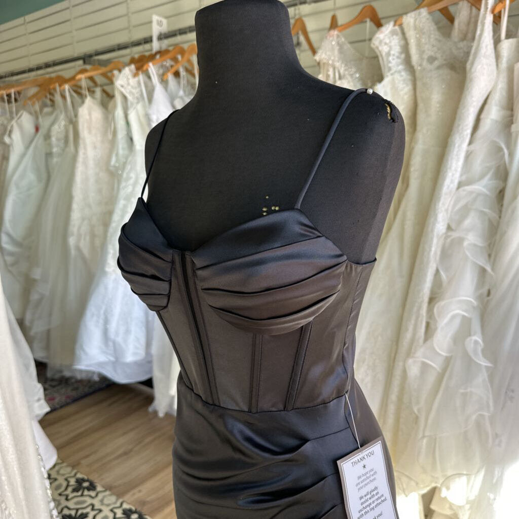 Blondie Nites Black Silky Corset Top Long Formal Dress 1