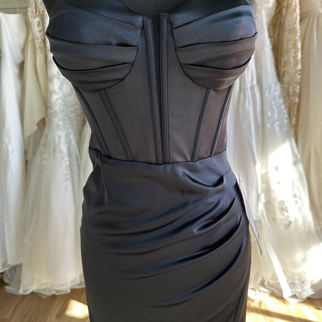 Blondie Nites Black Silky Corset Top Long Formal Dress 1
