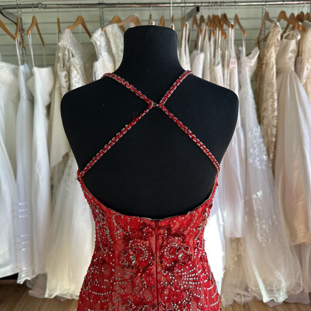Red Beaded Lace Mermaid Long Formal Dress 6