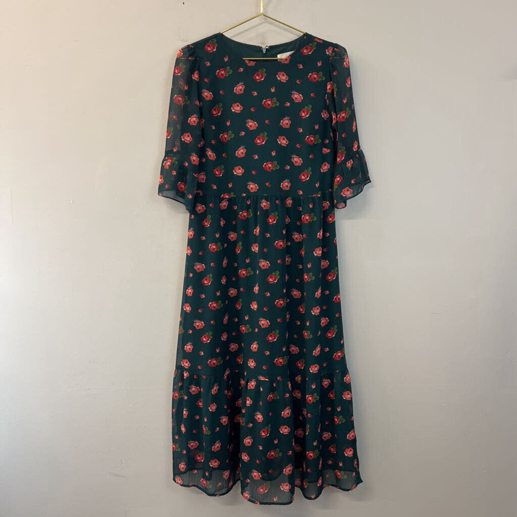 Loft Green/ Red Flower Print Maxi Dress 6