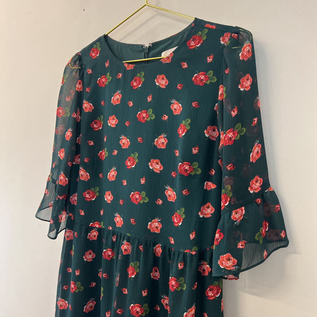 Loft Green/ Red Flower Print Maxi Dress 6