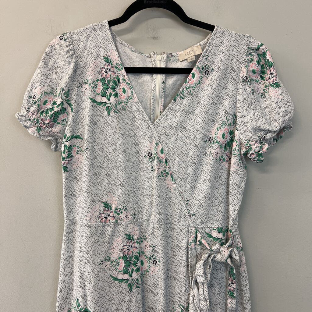 Loft White/ Green Dot Flower Detail Short Sleeve Midi Dress 8
