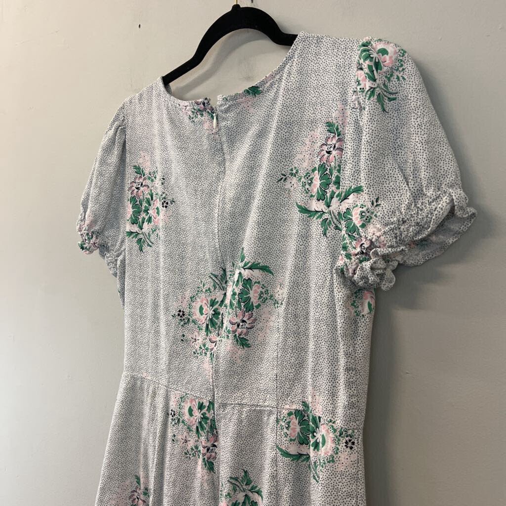 Loft White/ Green Dot Flower Detail Short Sleeve Midi Dress 8