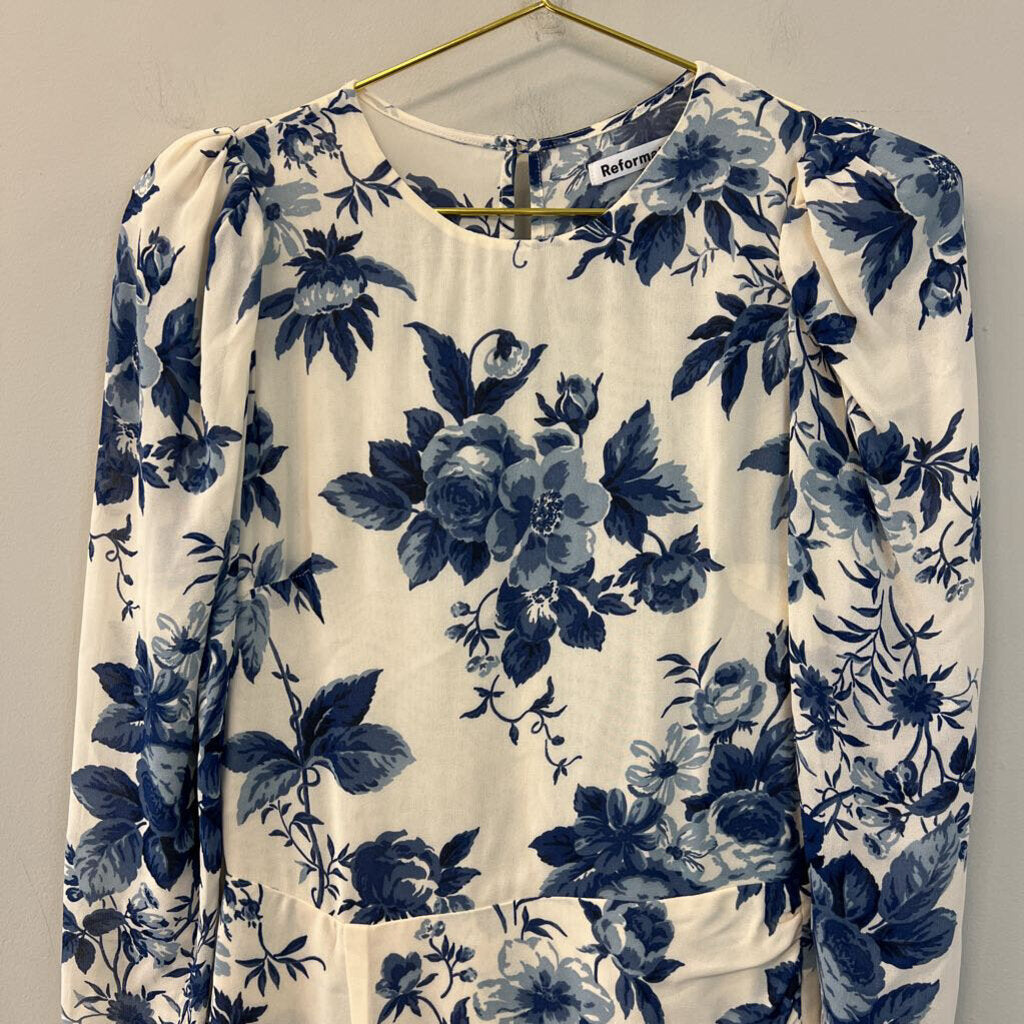 Reformation White/ Blue Flower Print Long Sleeve Dress 4