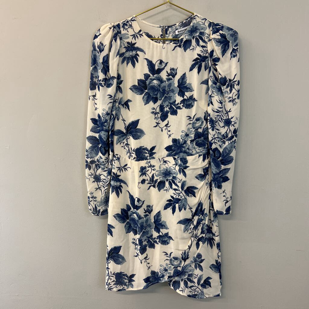 Reformation White/ Blue Flower Print Long Sleeve Dress 4