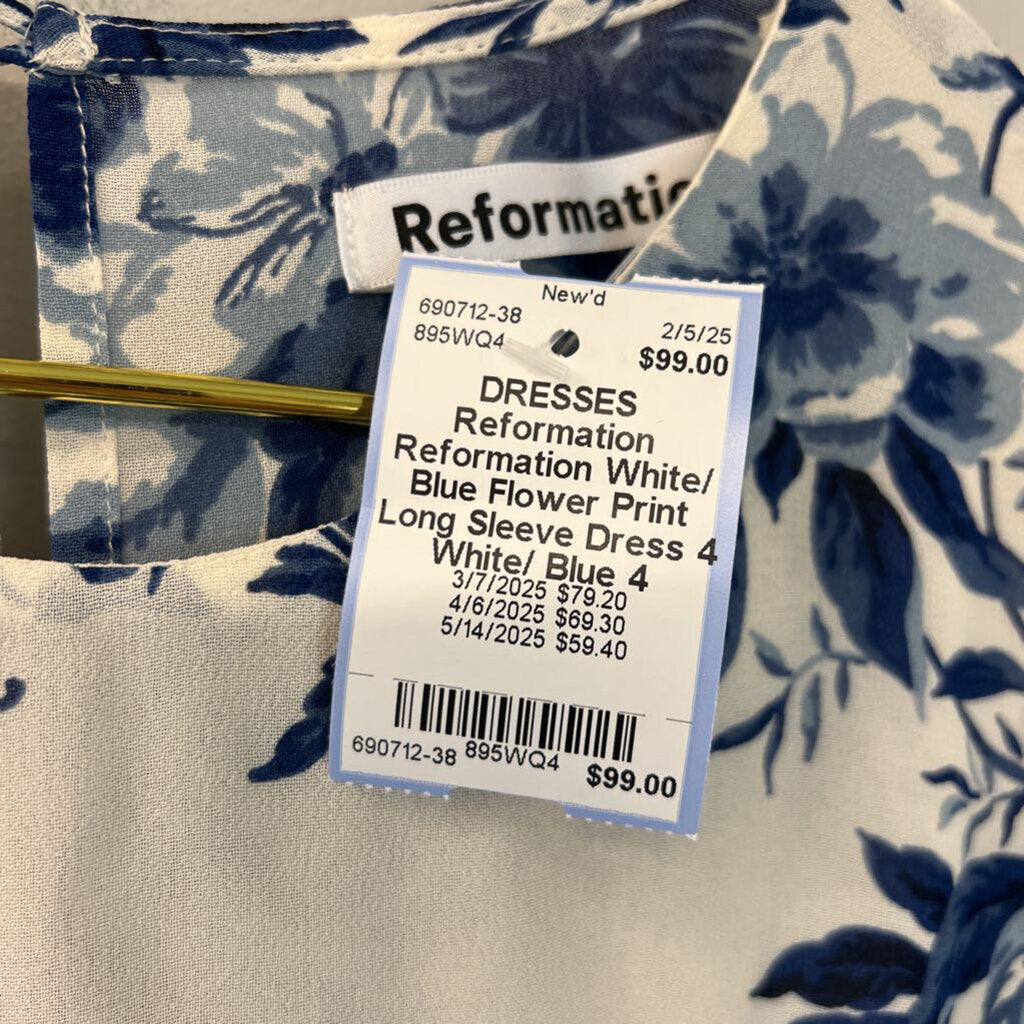 Reformation White/ Blue Flower Print Long Sleeve Dress 4