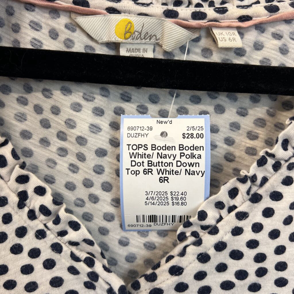 Boden White/ Navy Polka Dot Button Down Top 6R